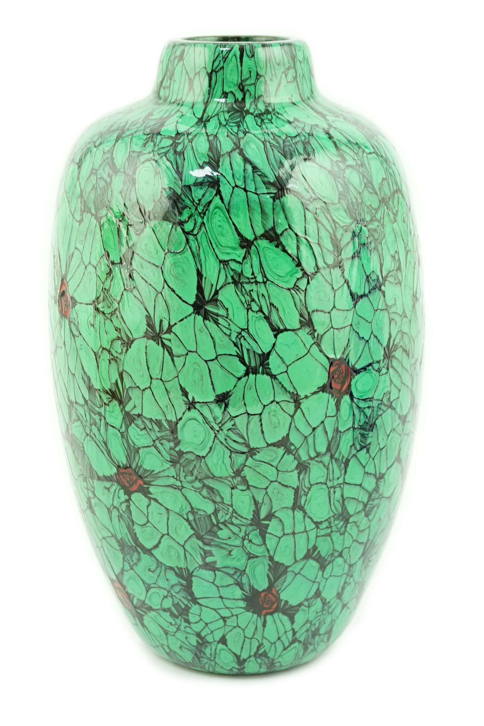 Vittorio Ferro (1932-2012) A Murano glass Murrine vase, with green leaves and red flower buds, unsigned, 28cm, Please note this lot attracts an additional import tax of 20% on the hammer price